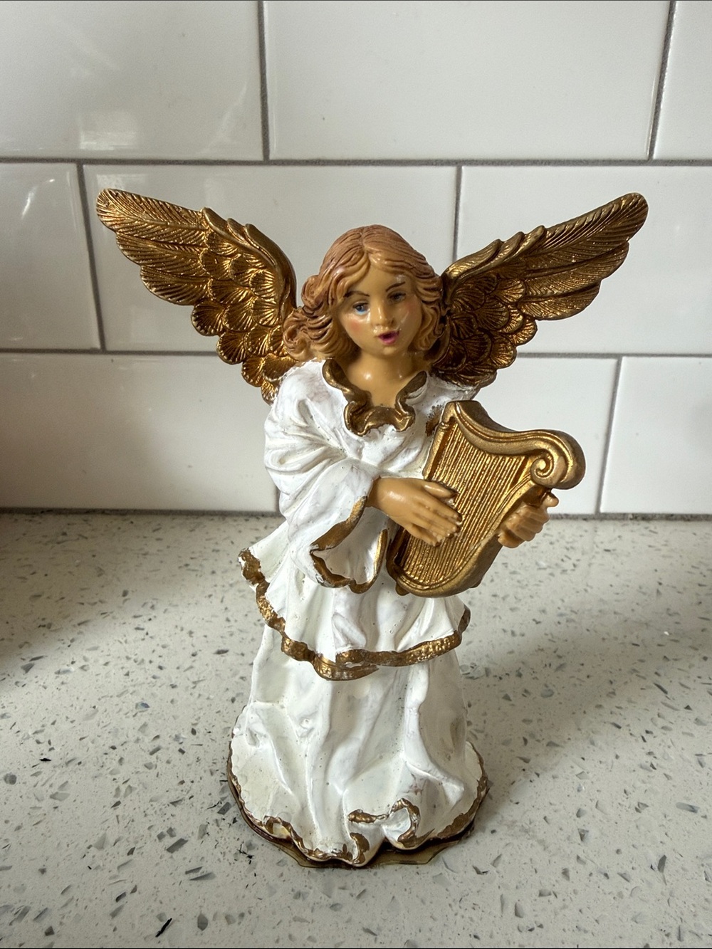 Vintage 1989 Made in Italy Angel Harp Figurine Gold White